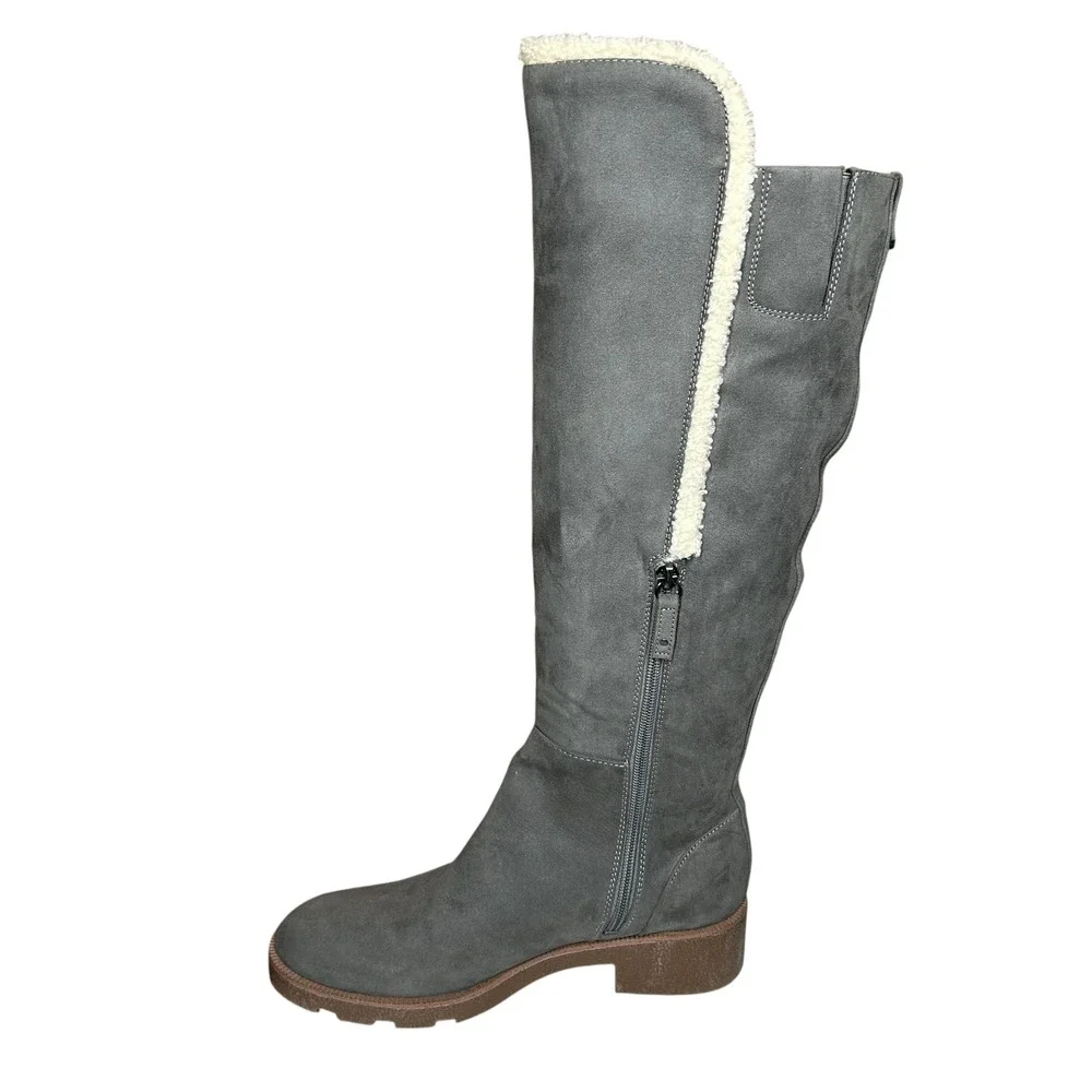 Dr Scholls Gray Faux Suede Knee High Boots Faux Shearling Trim Side Zip Lug Sz 8